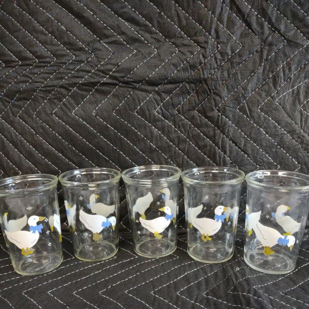 Set of 5 BAMA Jelly Jars White Ducks Blue Bows Juice Glasses Vintage - 4" Tall
